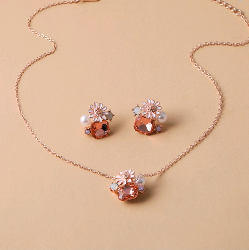 Boho Pearl & Sunflower Necklace Earring Set Peach Rhinestone Rose Gold - Picture 2 of 6